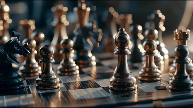 A chess match takes place between two players with close-ups on the pieces as they make their moves at a wooden board inside a warm room.