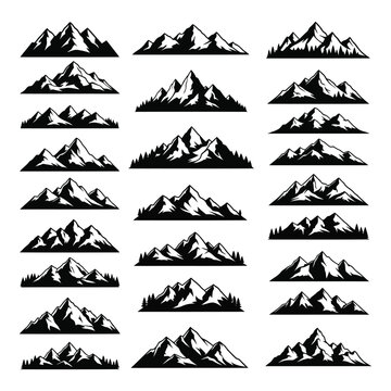 Set of vector mountain icons featuring warning and safety symbols with nature and snow elements