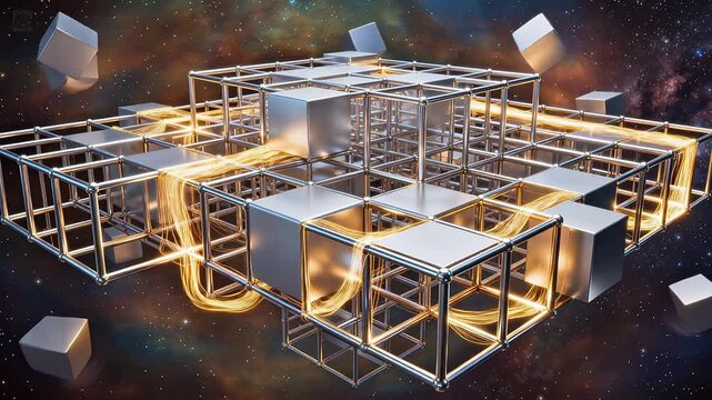 Silver cubes and metal frames forming complex grid with golden light trails in starry space