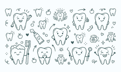 Vector doodle set of tooth mascots with dental care elements. © Avartde