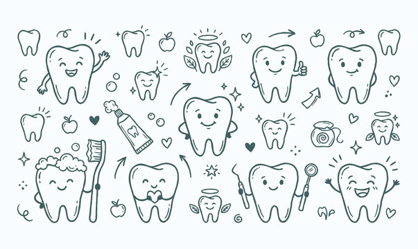 Vector doodle set of tooth mascots with dental care elements.