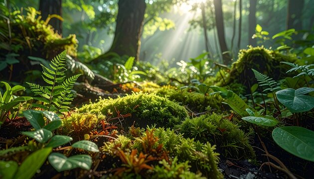 Dense tropical rainforest undergrowth with vibrant ferns and moss.