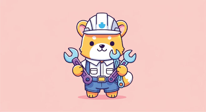 Cute Shiba Inu Dog Wearing Hard Hat and Holding Wrenches.