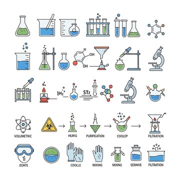 Vector illustration of chemical laboratory equipment and processes.