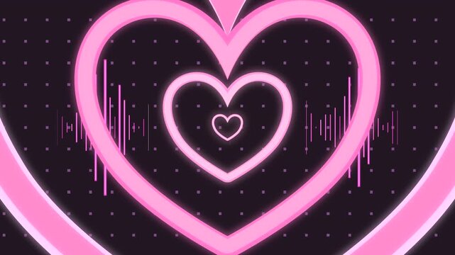 Neon heart-shaped tunnel with glowing bars motion graphics. (loop)