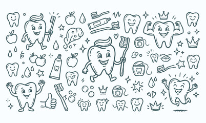 Fototapeta premium Vector doodle set of tooth mascots with dental care elements.