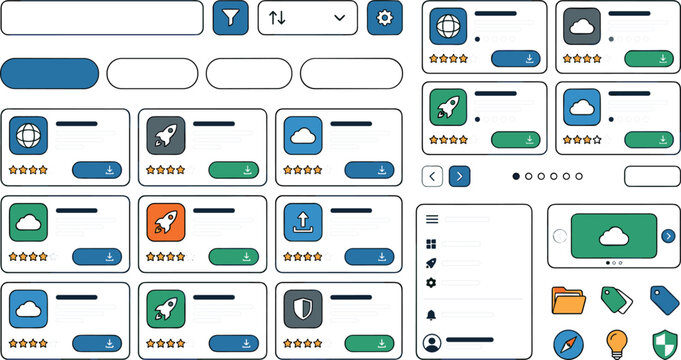 Web dashboard user interface layout kit with application cards search filter search bar rating stars tags cloud hosting download platform vector illustration