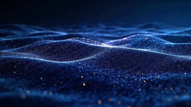 Blue and warm colored light dots forming wave grid on dark background