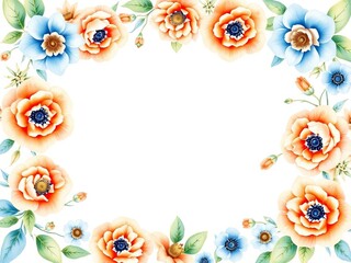 Obraz premium Watercolor pastel peach and blue floral border with intricate details on a crisp white background, elegance, petals