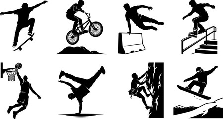 Extreme sports and urban activities silhouette icon set featuring skateboarding, bmx biking, parkour, inline skating, basketball, breakdancing, rock climbing, and snowboarding. © Utpal