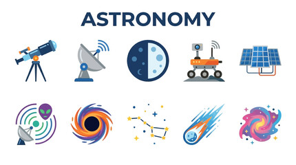 Collection of Astronomy Icons and Symbols Representing Space Exploration and Celestial Bodies. © Jesica