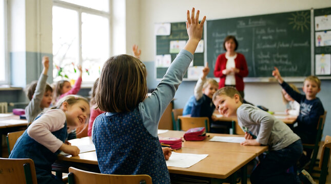 Young students enthusiastically raise their hands to answer questions in a bright classroom with their teacher.