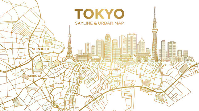 Tokyo city skyline and urban road map in gold line art