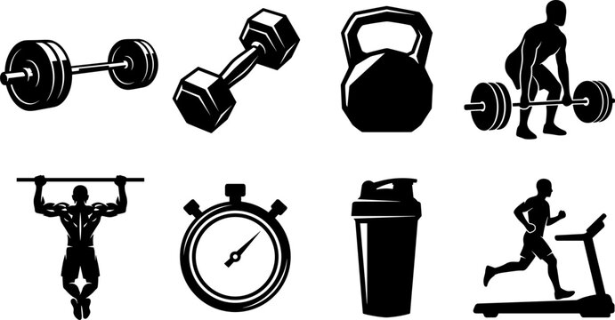Fitness and bodybuilding vector silhouettes set featuring gym equipment athletes lifting weights treadmill running and protein shaker icons