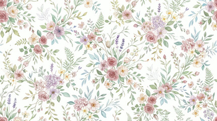 Obraz premium Seamless watercolor floral pattern with soft pink roses and lavender