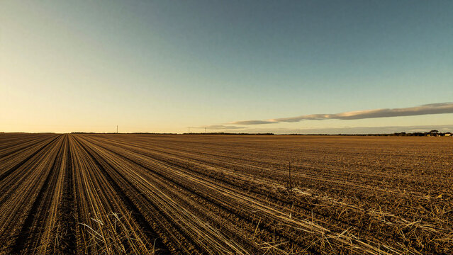 Wide agricultural field with plowed furrows at dusk