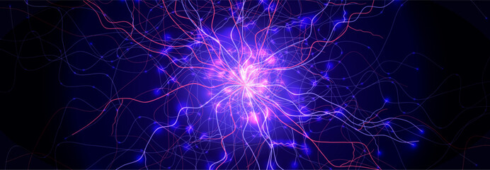 Neuron Firing Human Brain Neural Network Innovate Science Technology Background. Medical Neurology Bio Tech Scientific Research Banner Flash Glow Fractal. Blue AI Digital Net. Vector Illustration © artyway