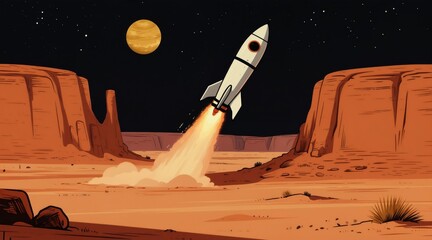 Fototapeta premium Retro rocket launches from desert landscape at night. Red rock canyons and starry sky with large moon or planet. Illustration shows space travel and exploration.