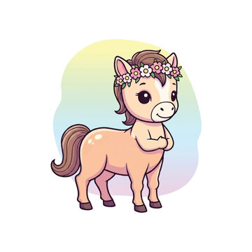 Cute Cartoon Horse with Flower Crown Illustration.