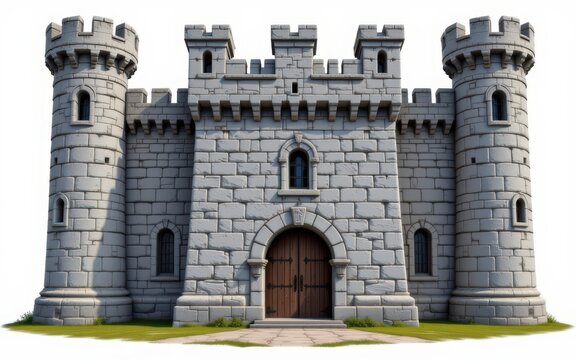Medieval stone castle with towers, battlements, and a wooden arched entrance gate.