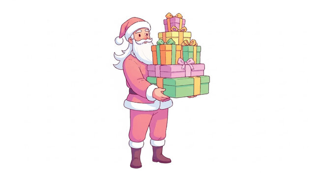 Santa Claus Holding Stack of Colorful Christmas Presents.