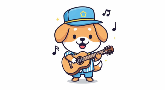 Cute Dog Playing Guitar with Musical Notes.
