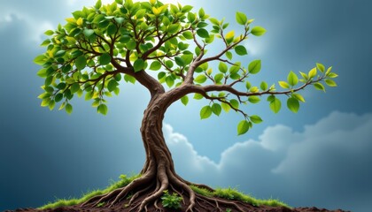 Fototapeta premium Illustration of a mature tree with detailed roots and green leaves against a blue sky.
