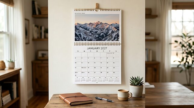 Wall calendar for january 2027 hanging on white wall in modern home interior design.