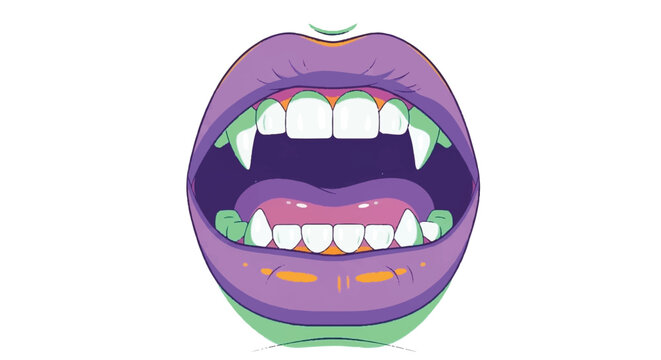 Stylized Vampire Mouth with Sharp Fangs and Purple Lips.