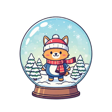 Cute Corgi Dog Wearing Winter Hat and Scarf Inside Snow Globe.
