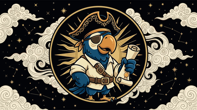Pirate Parrot Character Emblem Vector Design holding Treasure Map with Celestial Stars and Mystical Cloud Background Graphics