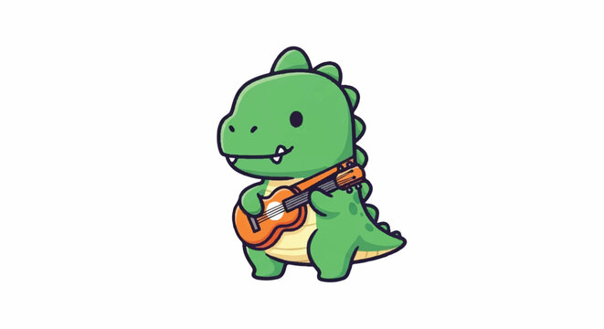 Cute cartoon dinosaur playing ukulele illustration.