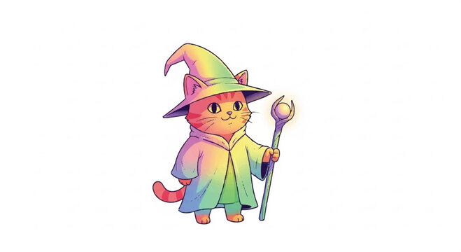 Cute Rainbow Cat Wizard Holding Magical Staff.