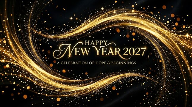 Happy new year 2027 golden waves and sparkling particles on dark background for celebration.