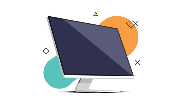 Desktop computer monitor shown at a perspective angle with a clean black screen against a backdrop of colorful abstract geometric shapes.