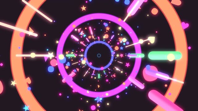 Neon tunnel with glowing stars and light streaks motion graphics. (loop)