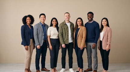 Fototapeta premium diverse multicultural group of young professionals standing together, neutral beige background, high-end stock photo style