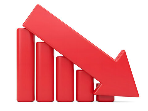 Red decreasing graph with an arrow showing decline stock market crisis or loss of profit.