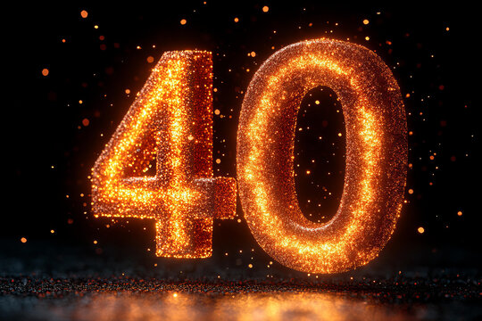 Number forty glowing fiery orange glitter design sparkling brightly against dark background symbolizing celebration anniversary milestone birthday event