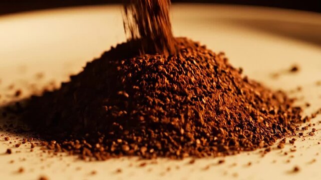 Pile of dark roasted ground coffee powder falling onto a surface for brewing preparation