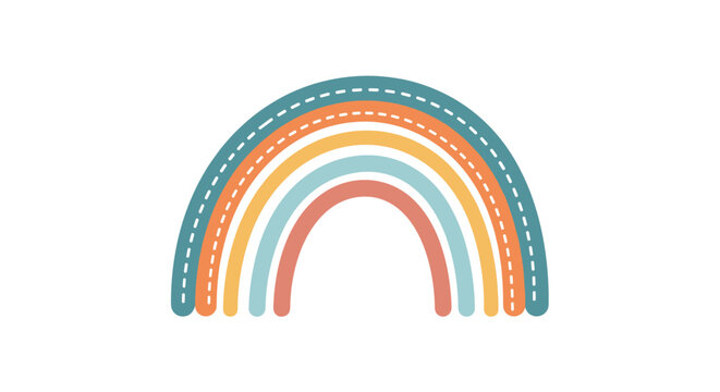 Simple rainbow illustration featuring five bands in muted earthy colors with white dashed lines for a modern boho nursery aesthetic.