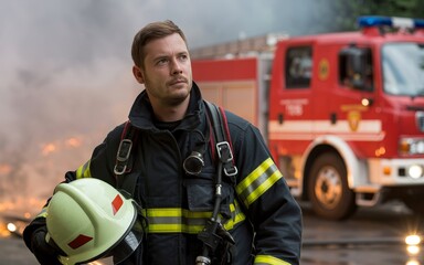 Fototapeta premium Firefighter in Protective Gear with Helmet Amid Smoke Haze and Cinematic Emergency Lighting
