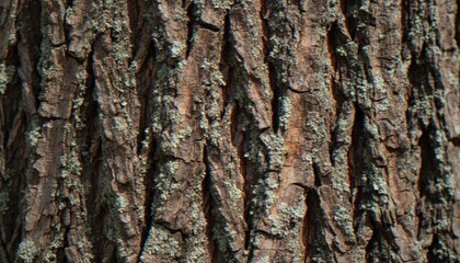 Obraz premium A close-up shot of the textured bark of a mature tree, showing vertical ridges and patterns with patches of green lichen.