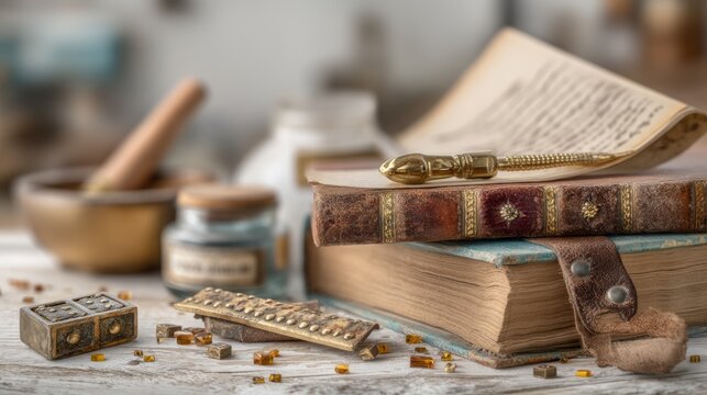 Vintage Bookbinding Tools and Materials Displayed on Crafting Table