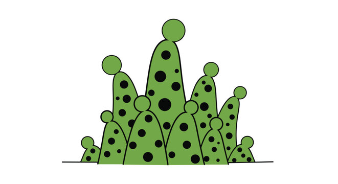 Unique botanical illustration shows a cluster of green lumpy plant forms covered in dark spots and topped with round spherical buds.