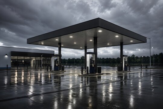 Empty petrol station under heavy grey overcast sky immediately after rainfall surfaces wet glistening reflective