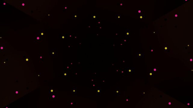 Glowing kaleidoscope pattern particles fill the dark space with vibrant colorful lights.
