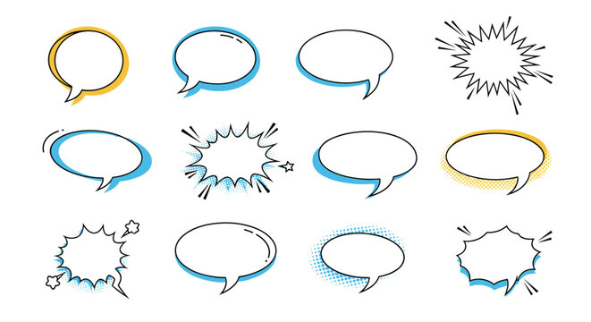 Comprehensive set of comic book style speech bubbles and explosive action bubbles is rendered in blue yellow and black colors.