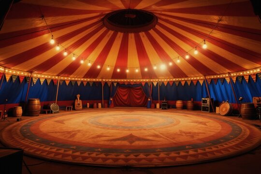 Big top circus tent interior with red and yellow stripes. Colorful decor and lighting set stage for show. Empty arena floor awaits performers for carnival fun.