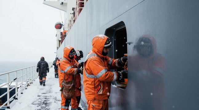 Workers in orange gear perform tasks on ship deck during snowfall. Wear protective clothing, face cold, harsh winter conditions at sea. Teamwork ensures safe maritime operations despite challenging